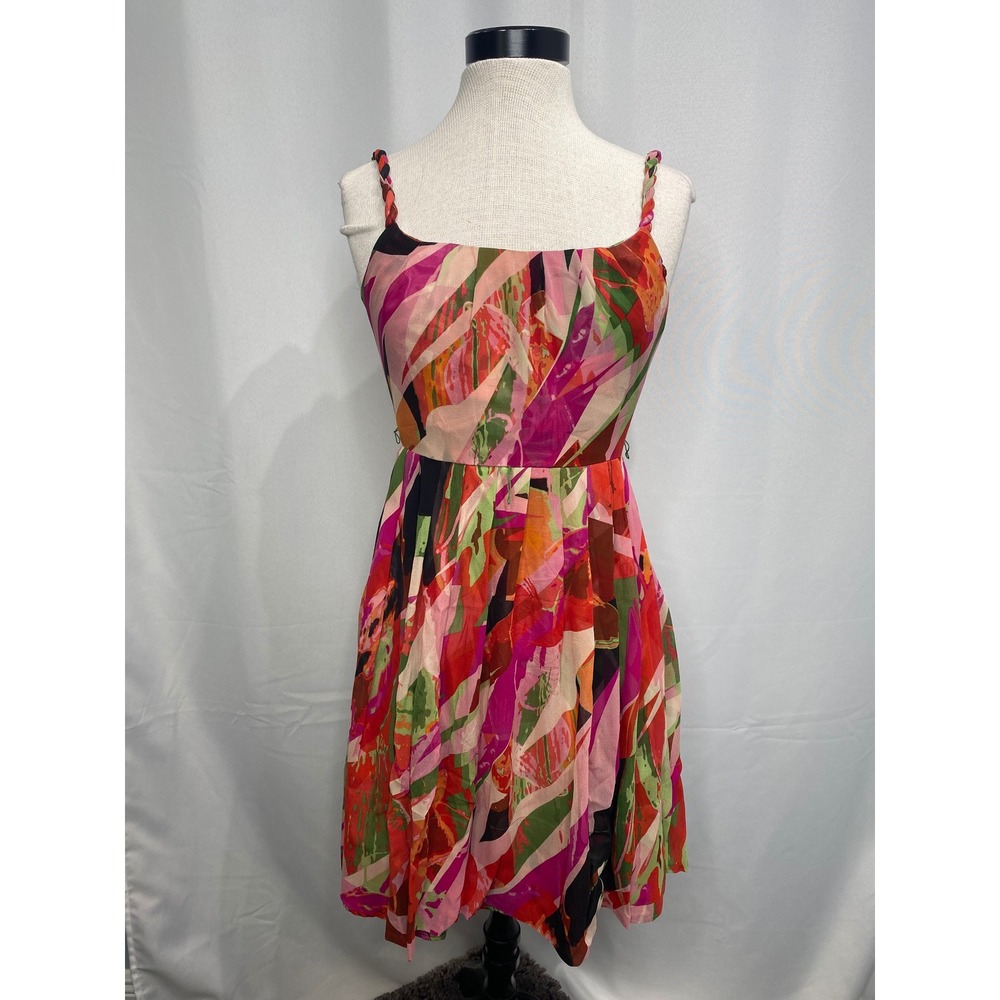 Donna Ricco Y2K 100% Silk Abstract Tropical Print Dress Braided Straps 4
